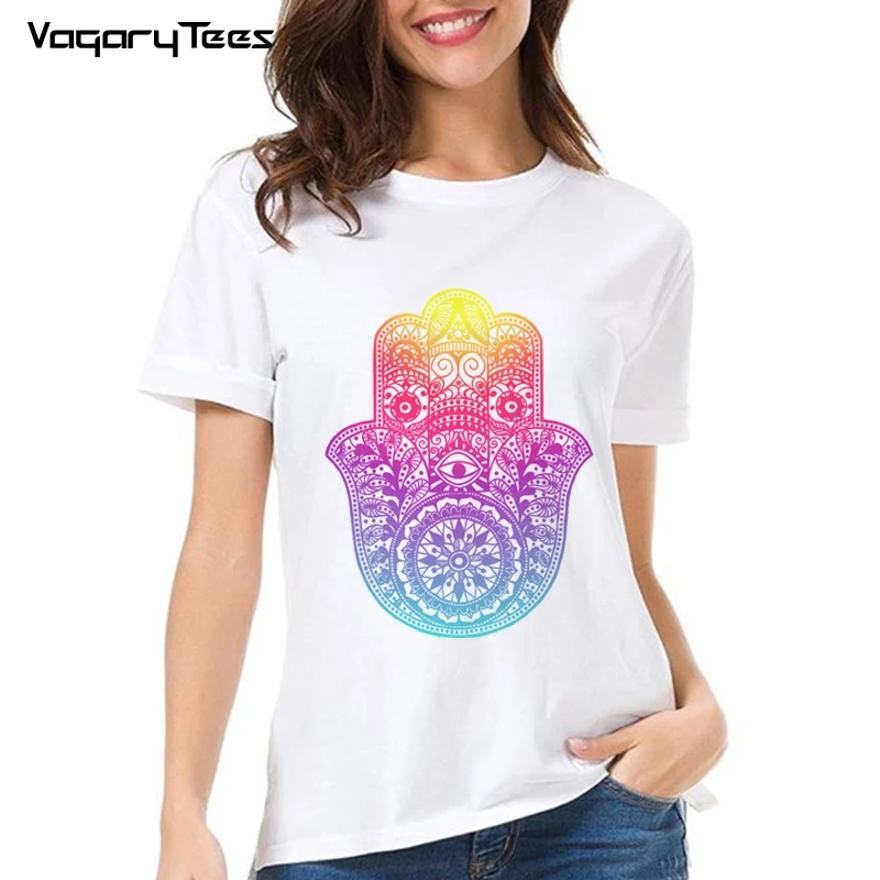 Lucky Colorful Rainbow Hamsa Hand print tee shirt femme white tshirt summer top female woman clothes