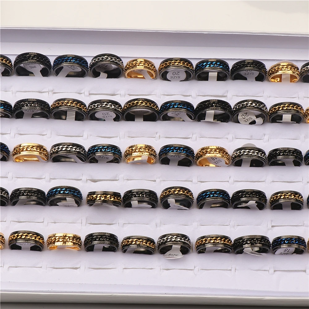 20pcs/lot Cool Chain Stainless Steel Rings Finger Ring For Women Men Jewelry Party Gifts Mix Color Wholesale