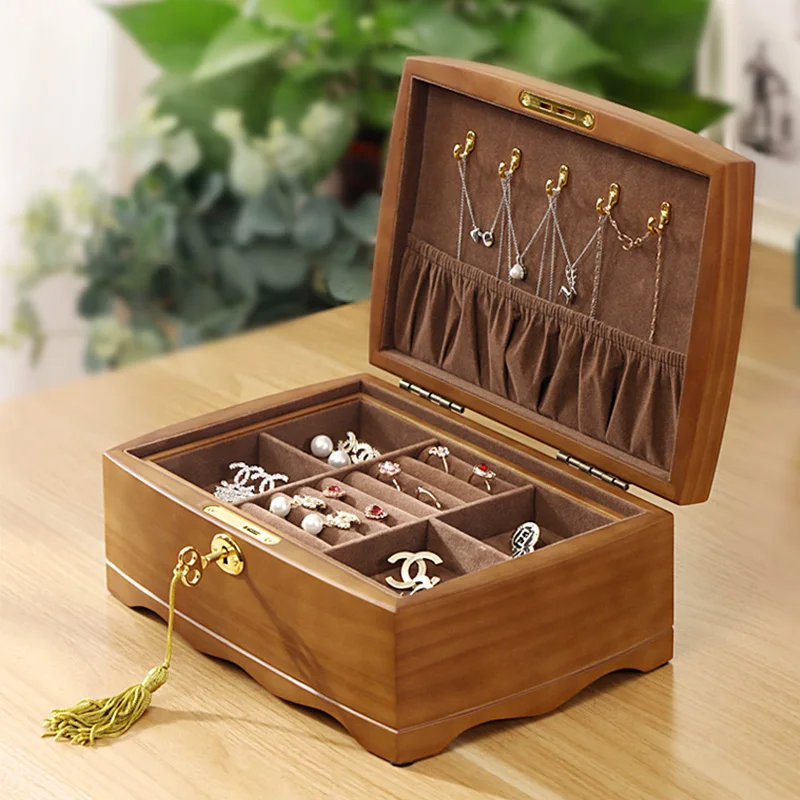 Luxury Retro Style Wooden Jewelry Box with Lock, Two Layer Storage Organizer for Ring, Bracelet, Necklace, Earrings