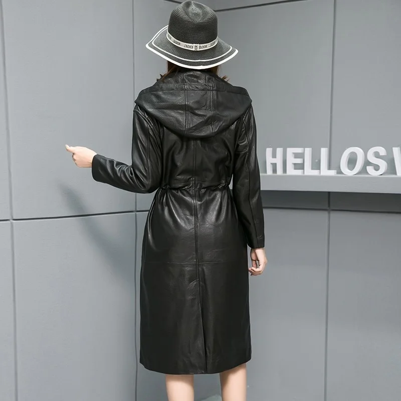 Fashion 2022 Women Black Real Lambskin Pebbled-Leather Long Trench Coat Hooded Drawstring Outwear Windbreaker Casaco Feminino