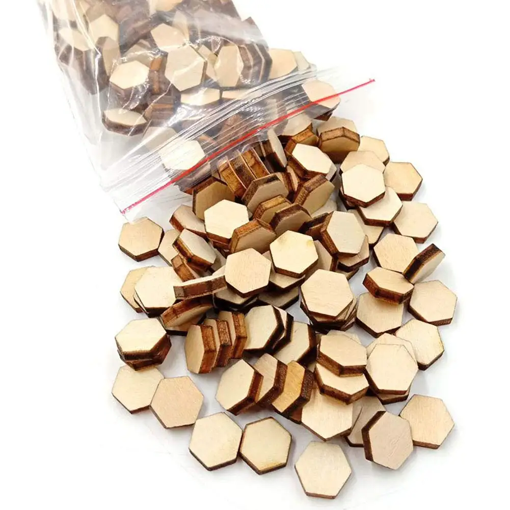 100pcs 10mm 0.39inch Wood Slices Ornaments Hexagon Shape Wood Slabs Craft for Home Party Decoration DIY Craft Supplies