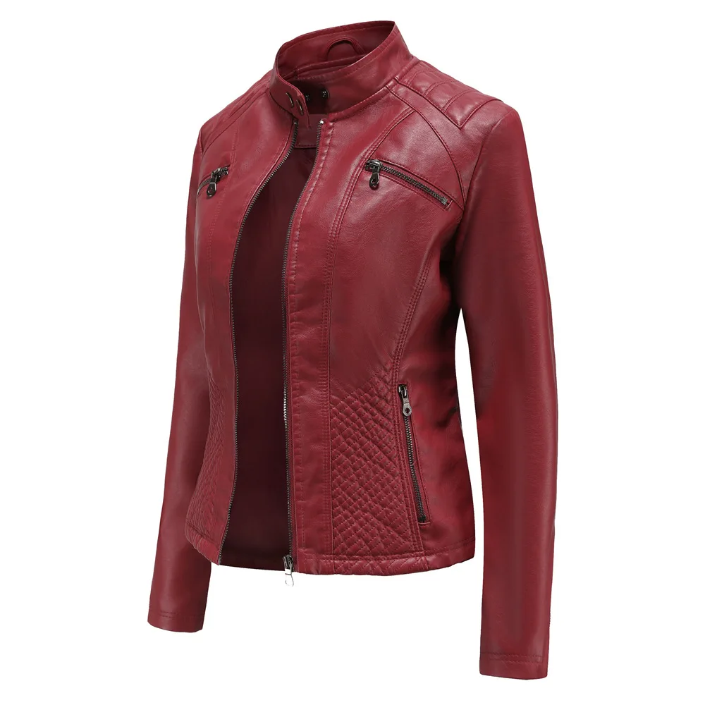 Spring New Casual Women Leather Jacket Stand Collar Slim Fit Short PU Leather Coat Solid Classic Female Outerwear