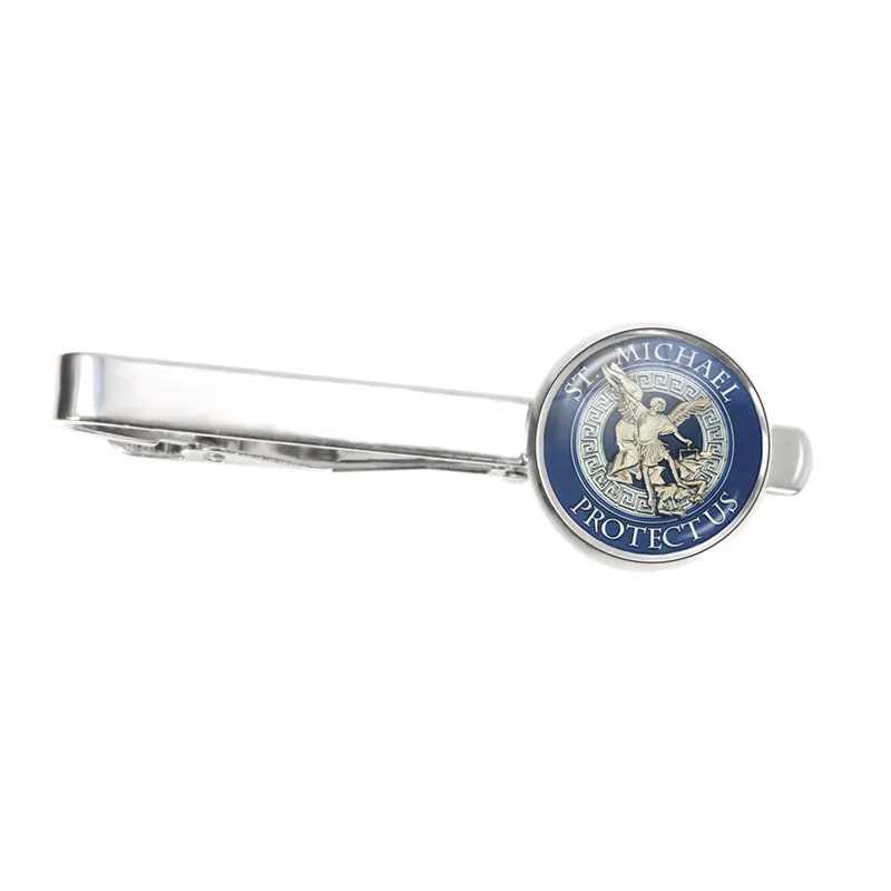 Men Silver Color Tie Clasp Clip Clamp Pin Archangel St.Michael Protect Me Saint Shield Protection Charm Russian Orhodox Tie Clip