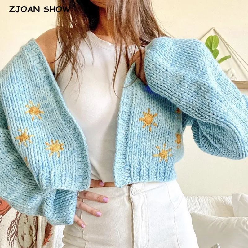 2020 Autumn Winter Stylish No Button Hand Crochet Cardigan Vintage Cropped Sweater Woman Long Sleeve Jumper Streetwear