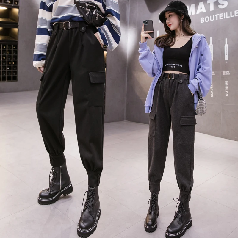 2023 Winter Streetwear Cargo Pants Women Harajuku Woolen Thick Warm Ladies Trousers Elastic High Waist Loose Harem Baggy Pants