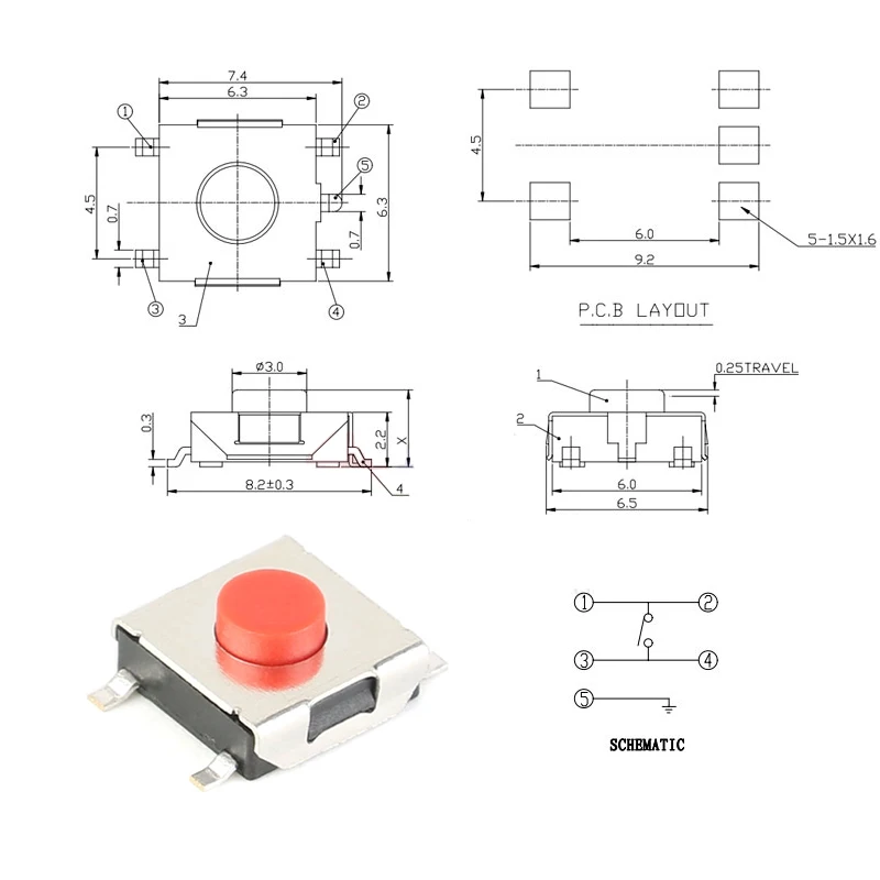 100PCS/LOT 6*6*3.1 mm SMD Switch 4 Pin Touch Micro Switch Push Button Switches Red SMD Tact Switch