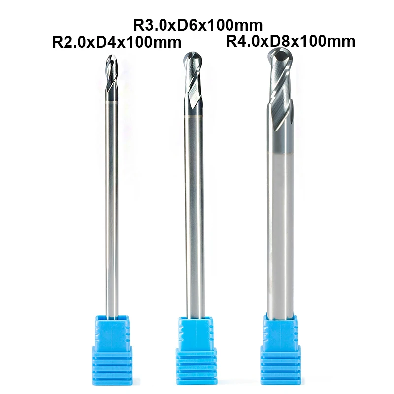 

3 шт., 2 канавки R2 R3 R4, твердосплавные шариковые концевые фрезы, фреза с ЧПУ HRC55, сферическая концевая фреза из вольфрамовой стали, длина 100 мм