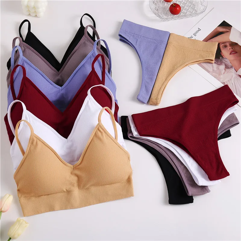 2Pcs Seamless Women Padded Bra Brazilian Panties Set Sports Bra Set Sexy Thongs Girl Lingerie Fitness Crop Top Underwear