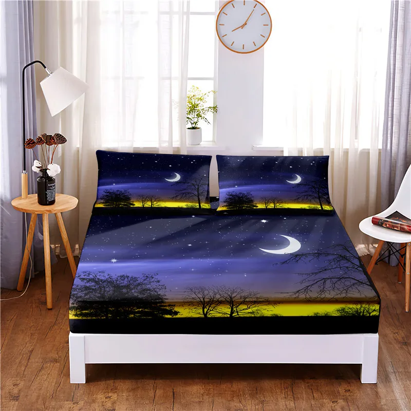 Moon Sky-sábana ajustable de poliéster con estampado Digital, cubierta de colchón de cuatro esquinas con banda elástica, fundas de almohada, 3 uds.