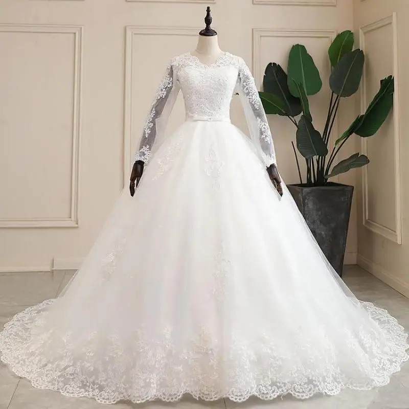 Vestidos De novia blancos De manga larga con cuello en V, Vestido De baile De encaje De lujo, Vestido De novia personalizado con foto Real