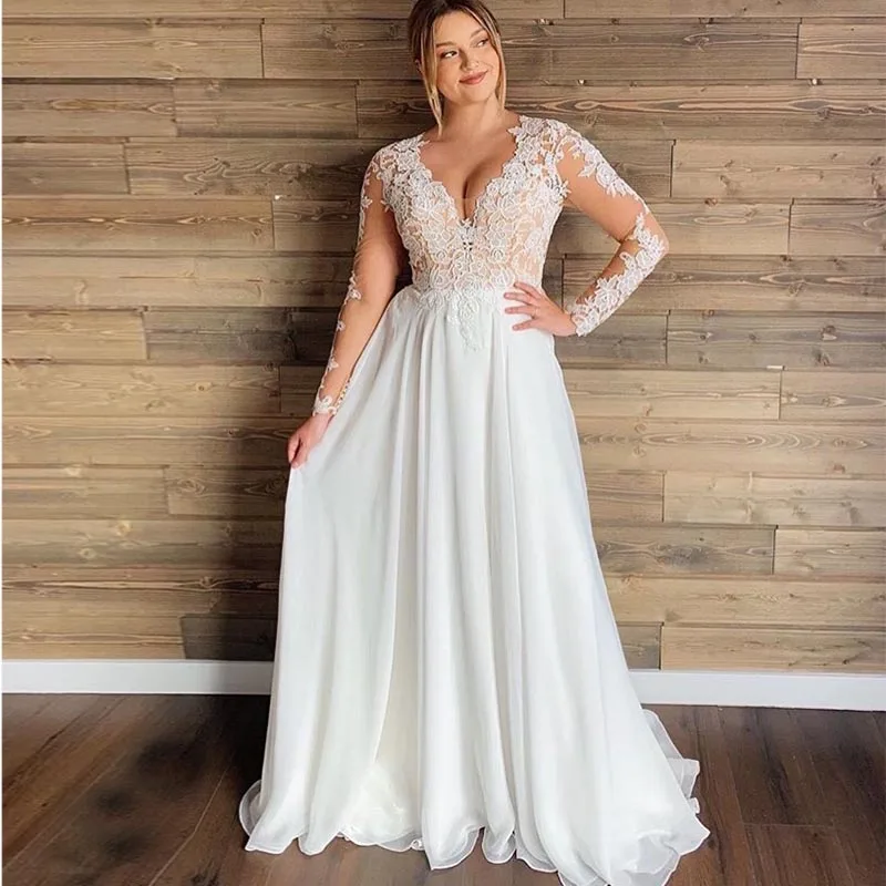 

Plus Size Wedding Dresses Long Sleeves Chiffon Sheer Lace Applique V-neck Full Length White Beach Bridal Dress 2020 High quality