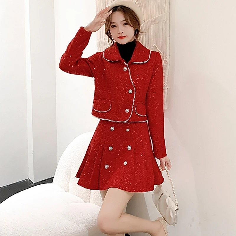 Autumn Winter High Quality Office Lady Temperament Doll Collar Beaded Tweed Coat + High Waist Pleated Skirt Two-piece Suit Women