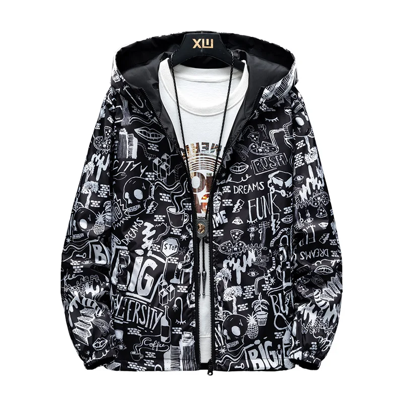 NEW Strewear Graffiti Printed Fashion Reversible Male god Jacket Men Thin Hooded Jackets Windbreakers Clothing Plus Size