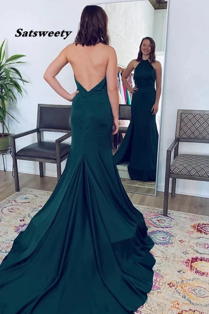 Vestido De noche De sirena De satén, traje largo con cuello Halter, Espalda descubierta, Sexy, para Fiesta