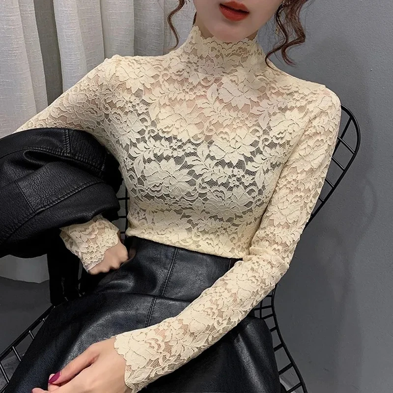 Lace Turtleneck Long Sleeve T-Shirt Female Thin Black See Through Rose Solid Blouses Tulle Gauze Fall Clothes Tops Women