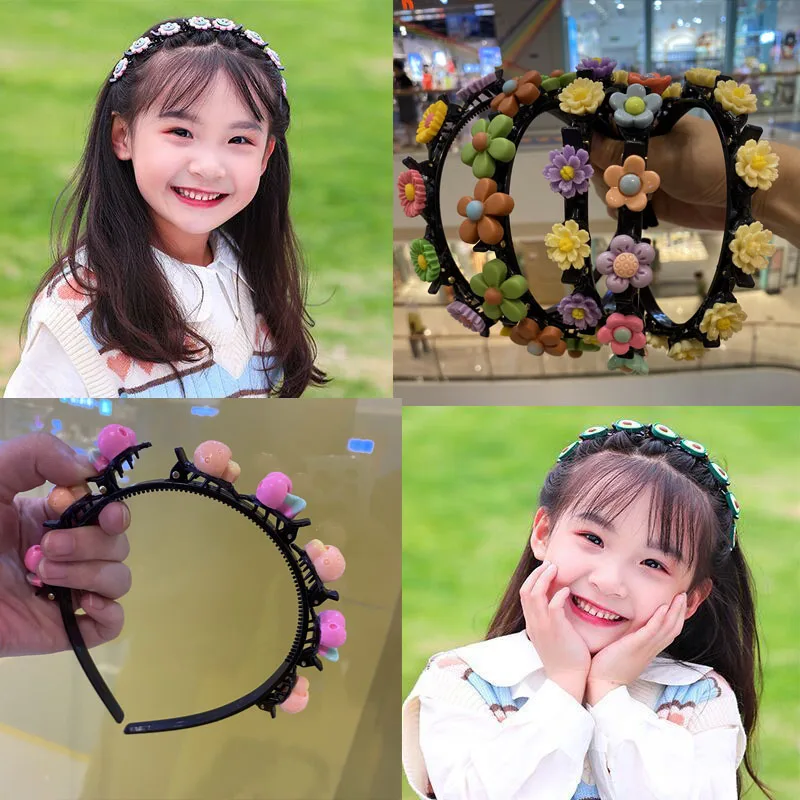 2021 New children Flower Double Bangs Hairstyle Braided Hairband girls Cute Headband With Hairpins kids Hair Hoop Accessories