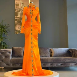 Orange Elegante Satin Meerjungfrau Prom Kleider Lange Ärmeln High Neck Kristalle Plus Größe Frauen Abend Party Kleider Nach Maß