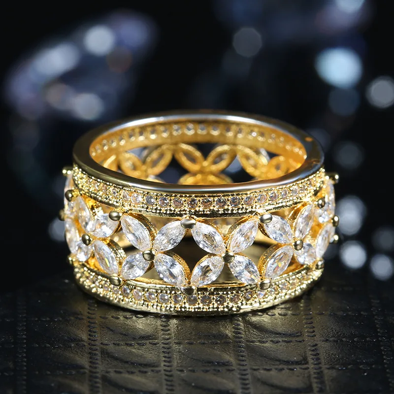 Ekopdee New Vintage Luxury Princess Flower Crystal Zirconia Wide Gold Rings For Women Fashion Female Party Jewelry