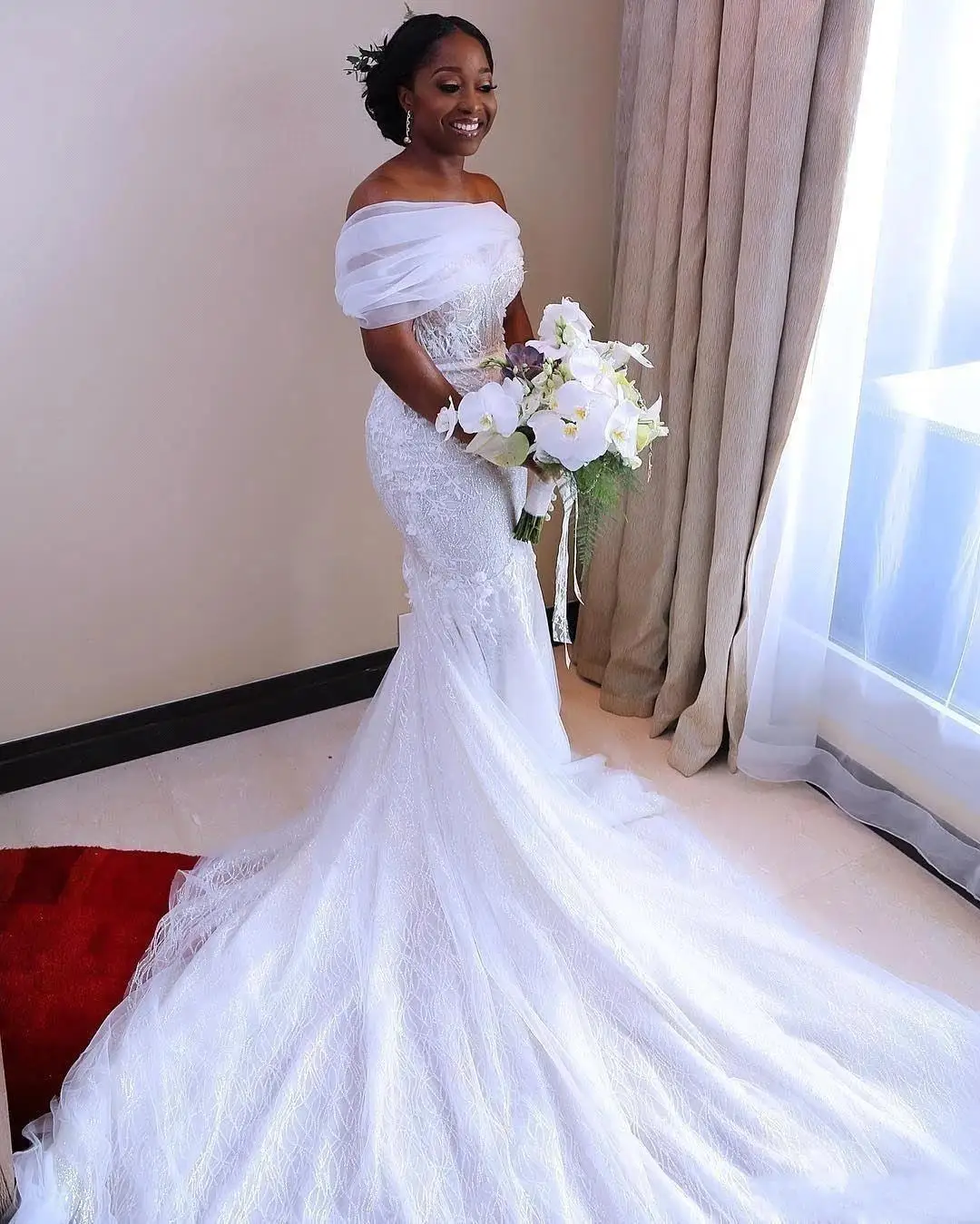 White Mermaid Wedding Dresses Nigerian Arabic African Bridal Gowns Sheer Off Shoulder Sweep Train