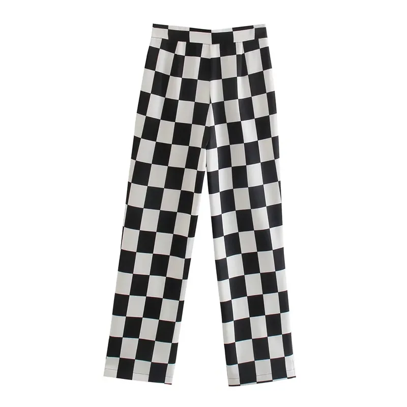 Merodi-Women\'s Plaid Print Long Straight Pants, Casual High Waist Trousers, Chic Lady, Elegant, White and Black,  Autumn