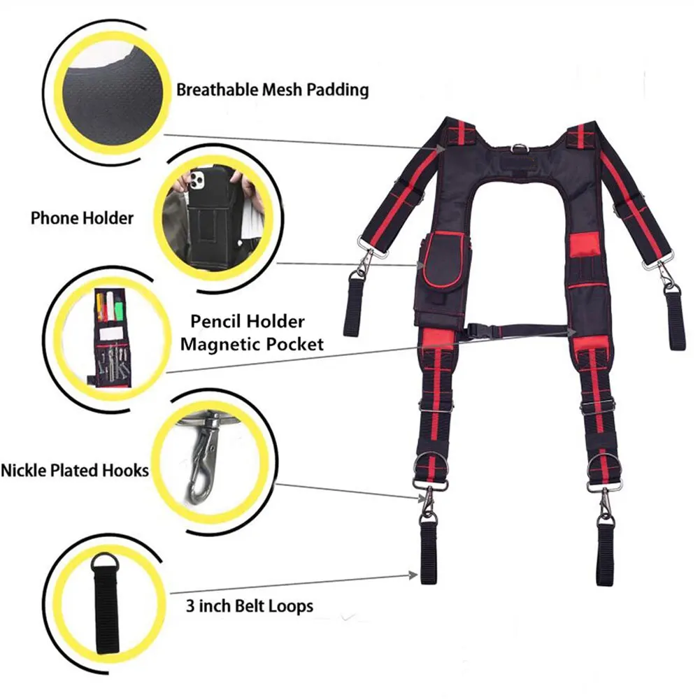 Heavy Work Tool Belt Suspenders Nail Pocket Set Adjustable Lumbar Support Multi Function Tooling Braces for Carpenter Electricia