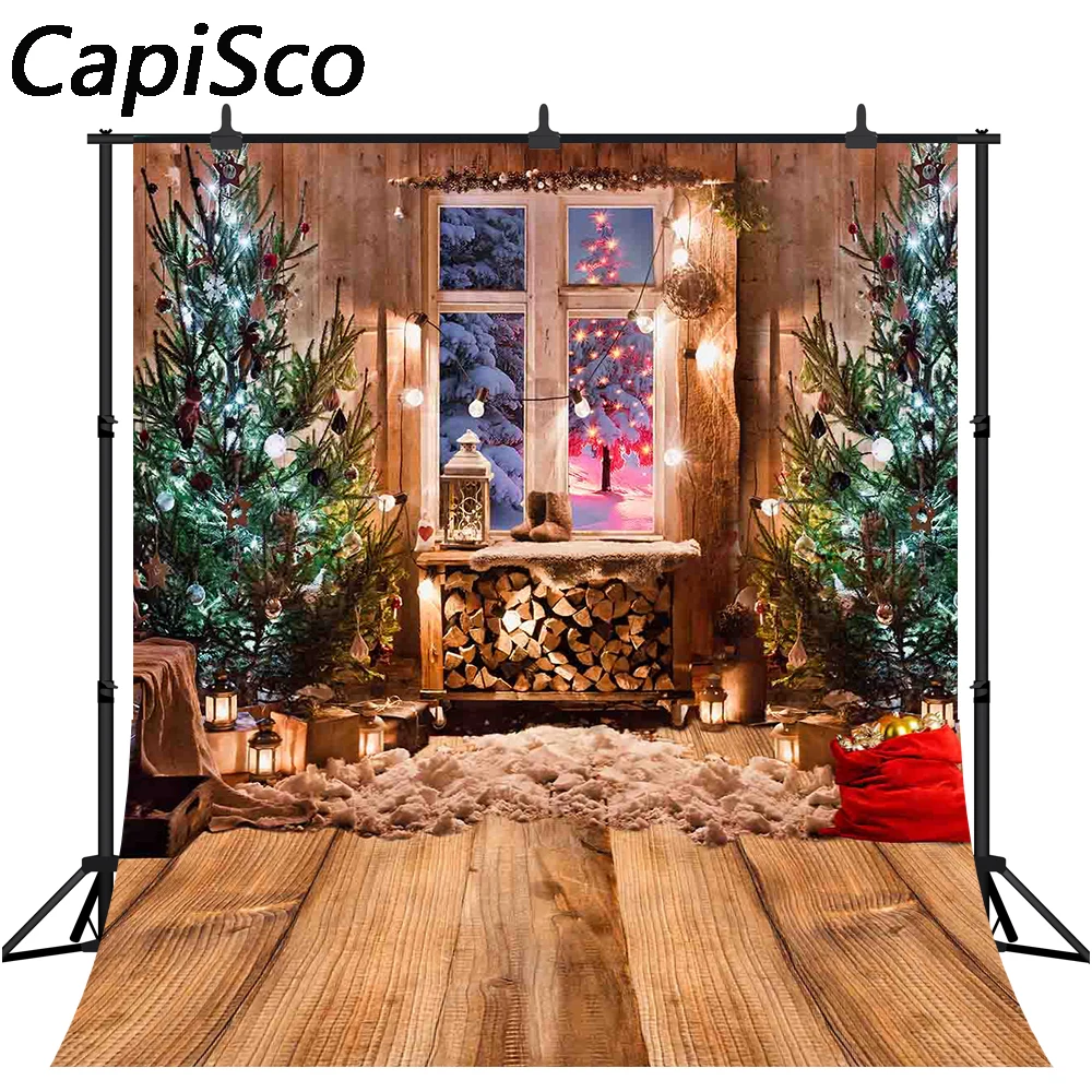 

Capisco Winter Snow Christmas Photography Backdrop Fireplace Xmas Tree Wood House Background Holiday Party Banner Props Supplies