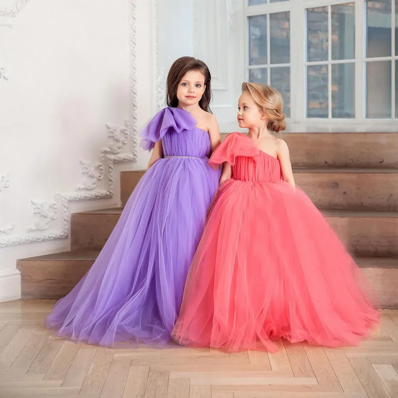 Robe longue à fleurs en Tulle pour filles, asymétrique, épaule dénudée, tenue de fête de mariage pour enfants, accessoires de photographie, nouvelle collection