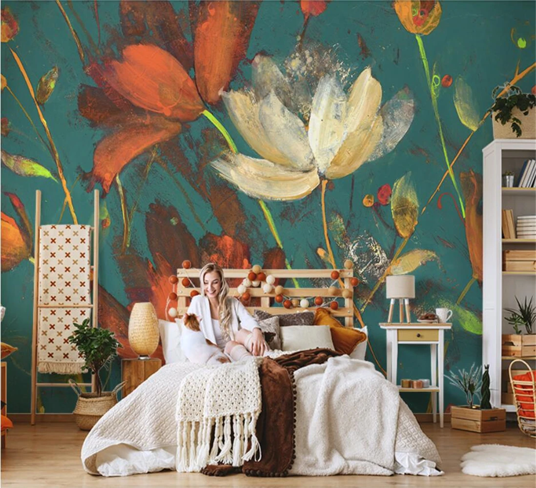 

Пользовательские скандинавские ретро цветы картина маслом фотообои настенная бумага гостиная ТВ фон диван спальня обои 3D настенное покрытие