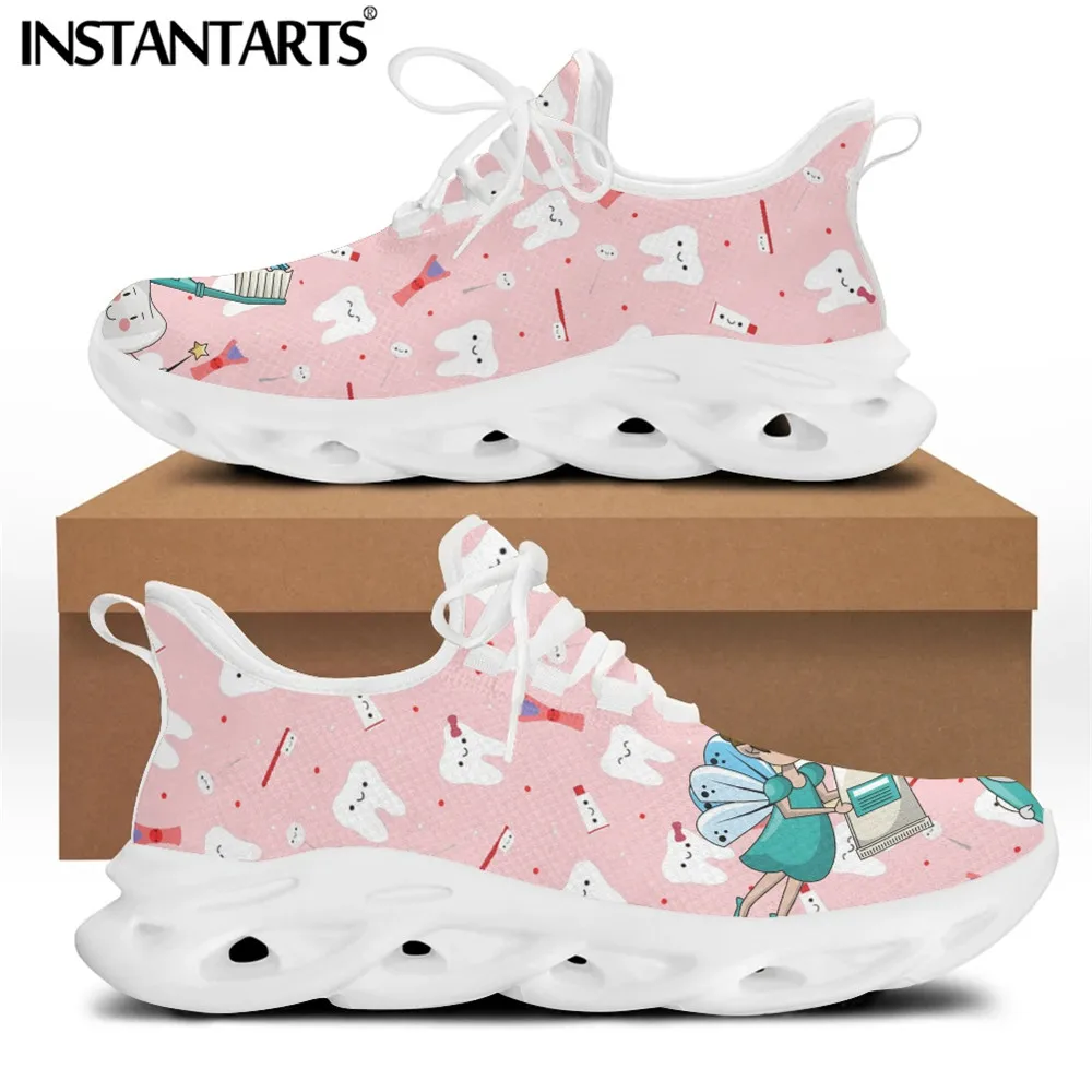 

INSTANTARTS 2021 Women Casual Dental Shoes Pink Teeth Dentist Fairy Brand Design New Spring Sneakers Breathable Lace-Up Footwear