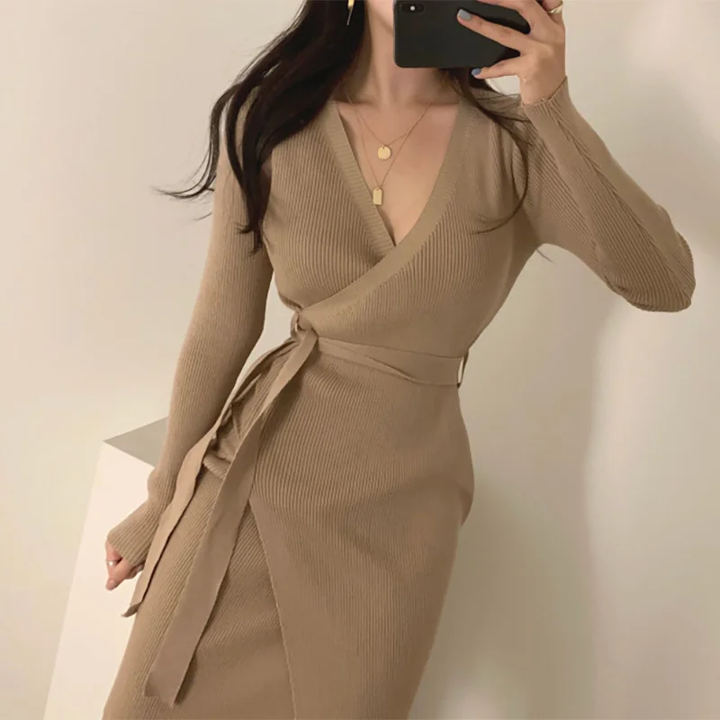 Croysier Winter Dresses For Women 2020 Elegant Belted Midi Sweater Dress V Neck Long Sleeve Ribbed Knitted Sexy Bodycon Dress