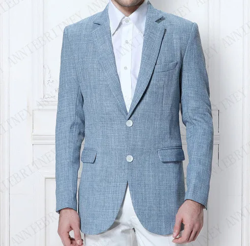 

ANNIEBRITNEY 2023 Latest Coat Pant Designs Man Suit for Wedding Classic Blue Jacket White Pants Set Custom Slim Fit Linen Tuxedo