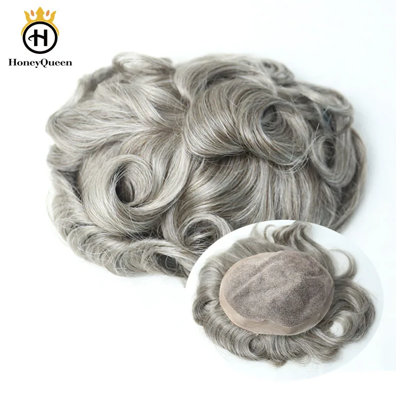 Grey Hair Toupee Men Lace With Poly Around Natural Hair Line 100% European Human Hair Toupee Replacement System 450# Color Remy