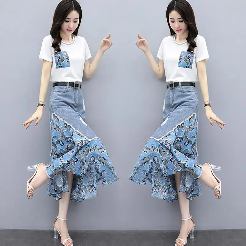 Women's Denim Skirt Spring Summer 2024 New Loose Women Jeans High Waist Splicing Cowboy Skirt Long Printing A-line Skirts Female