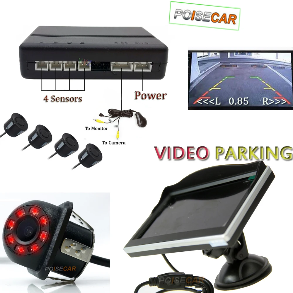 Video Car Auto Rearview 5 INCH Mirror Monitor with Parking Sensor 4pcs Radar Detector System & Step-Up Alarm Show Distance