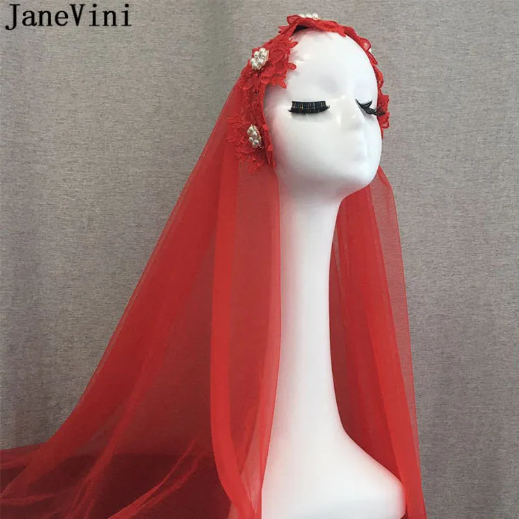 

JaneVini Vintage Red Pearls Bridal Veils Flowers Headband Muslim Short Wedding Veil for Bride Two Layers Accesorio Novia 2021