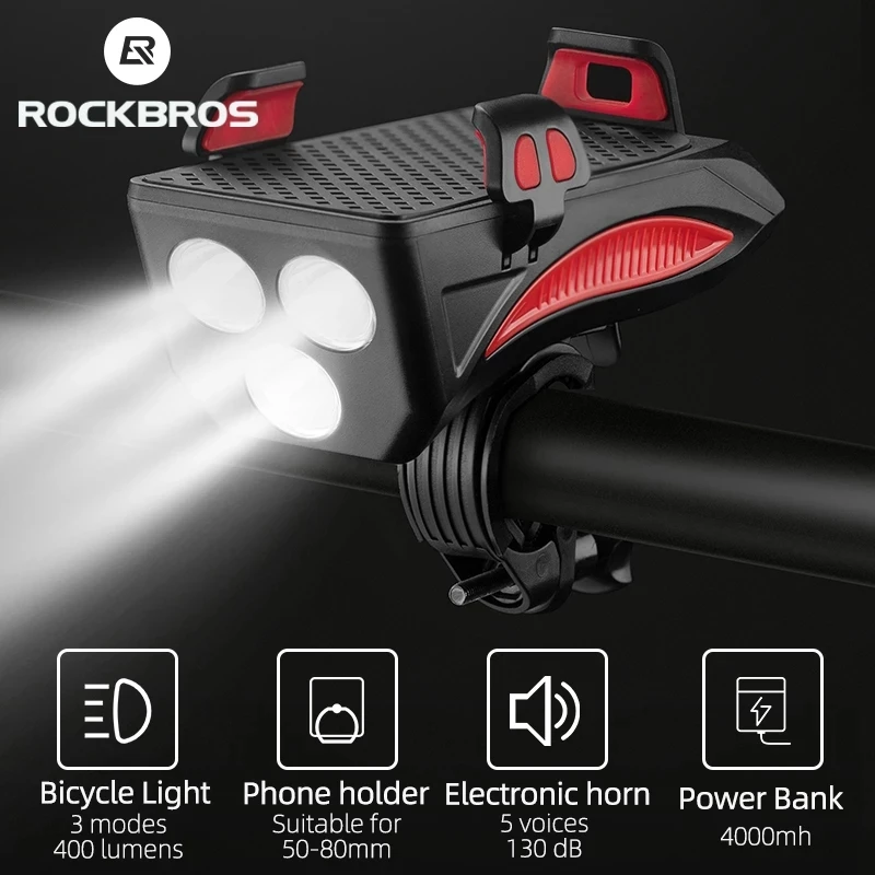 ROCKBROS Multifunctional Bike Light USB Rechargeable 130dB Bicycle Handlebar Light Bike Headlight Phone Holder Flashlight