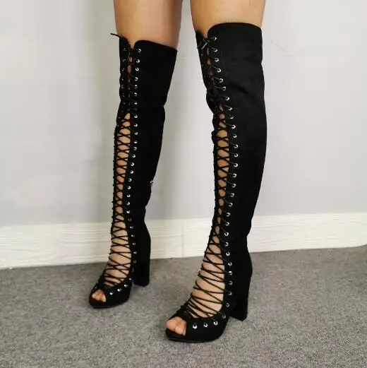 

Linamong New Black Cuts Out Lace Up Front Thigh Boots Fashion Woman Peep Toe Gladiator Chunky Heels Over The Knee Boots Shoes