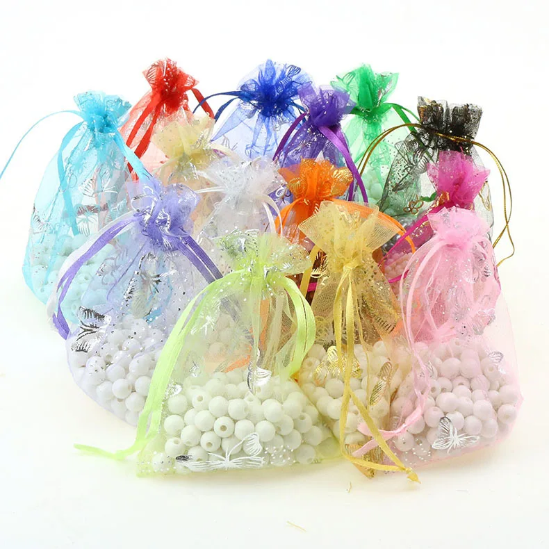100pcs/lot 11x16cm Butterfly Organza Drawstring Pouch Bag For Christmas Wedding Candy Jewelry Packaging Display & Gift Pouches