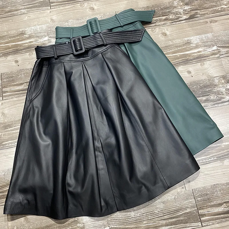 

2021 Vintage Dark Green Umbrella Skirt Women Genuine Sheepskin High Waist Falda Midi Saia Belt Knee-length Large Hem Lange Röcke