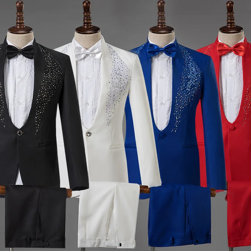 Biały ślub odzież dla pana młodego garnitur kostium męski Homme Mariage 2020 stylowy haft diamentowy Slim Fit Tuxedo męskie garnitury ze spodniami