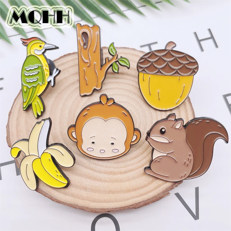 Cartoon Cute Animal Monkey Squirrel Bird Enamel Pins Banana Fruit Tree Alloy Brooch Sweet Fashion Woman Jewelry Gift For Friends