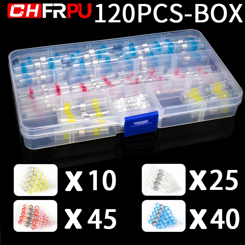 

120Pcs-BOX Waterproof welding heat shrinkable wire connector soldering sleeve Crimp wire terminal kit marine insulation