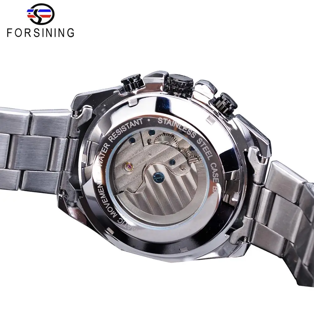 Forsining Brand Black Male Mechanical Watches Automatic Multifunction Tourbillon Moon Phase Date Racing Sport Steel Band Relogio