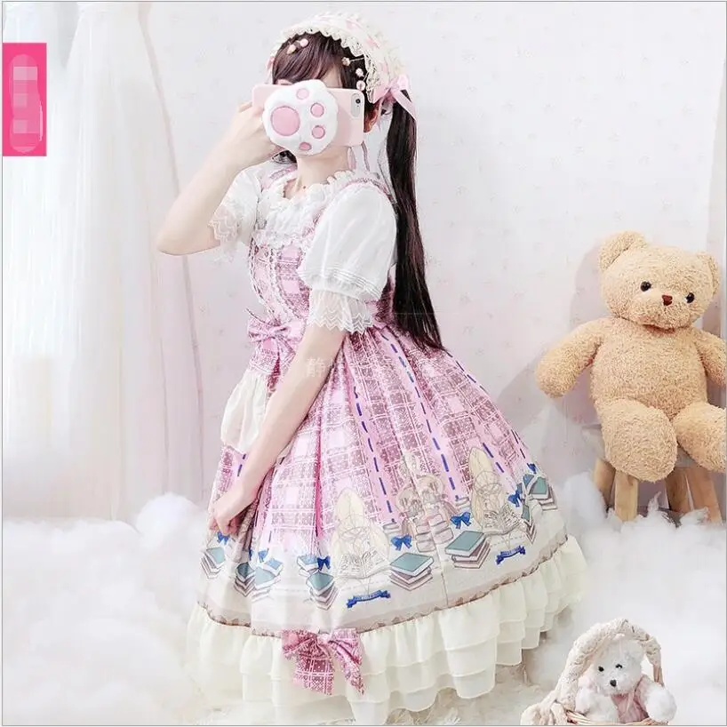 Vintage Princess Princess Lolita Dress Ruffles Spaghetti Strap Pink Kawaii Sweet JSK Dress Bowknot Japanese Tea Party Dress