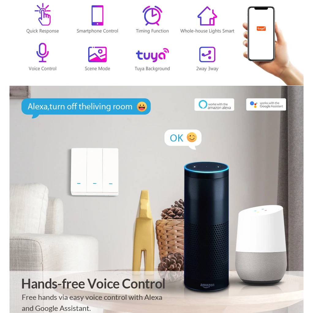 Zigbee Smart Button Wall Lamp Switch With Neutral Wire EU/UK AC90-240V Tuya Wireless Control Alexa Google Home Compatible