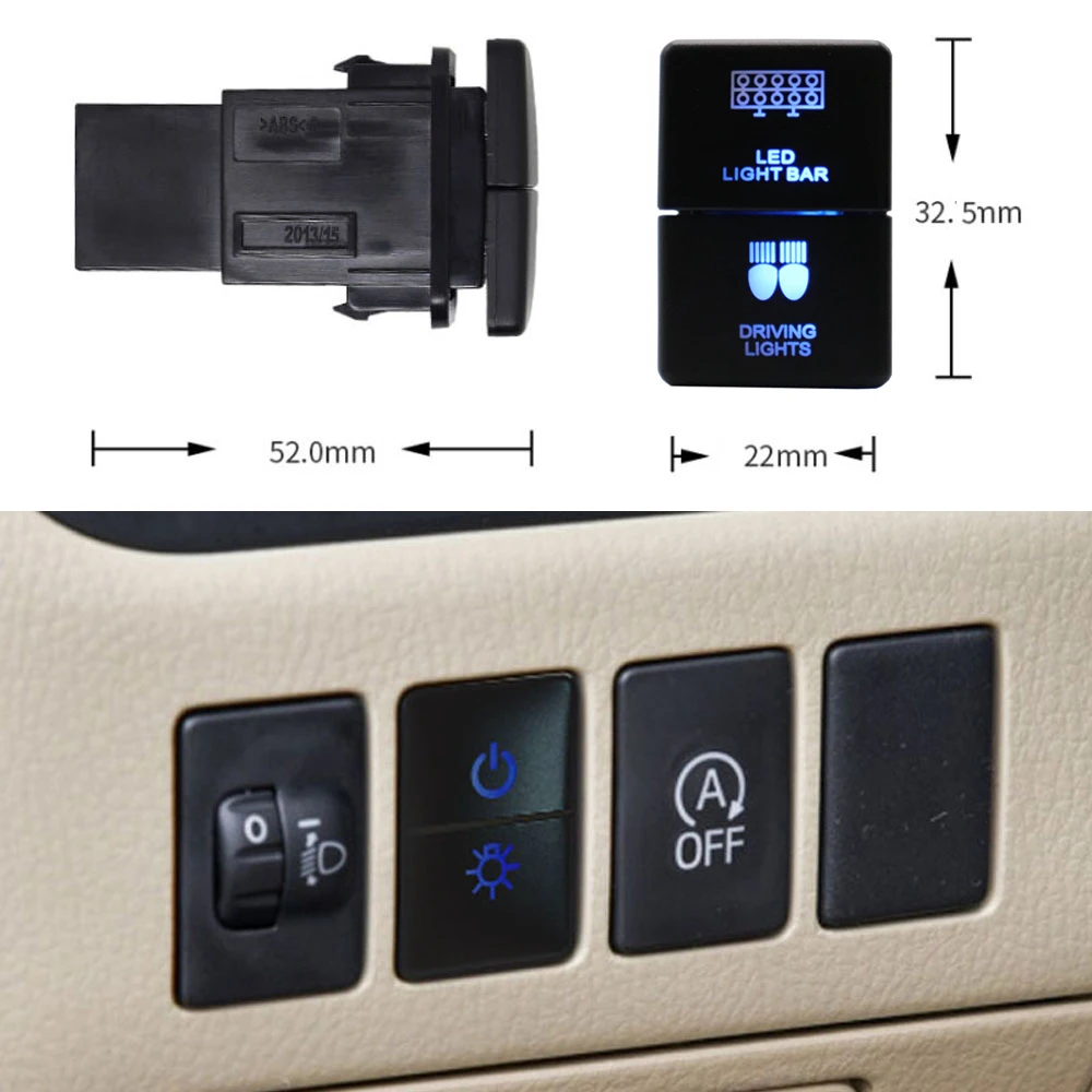 12V Dual Push Button Switch ON-Off Blue/Green Backlit for Toyota 4Runner Hilux Prado Landcruiser RAV4, with Connector Wire