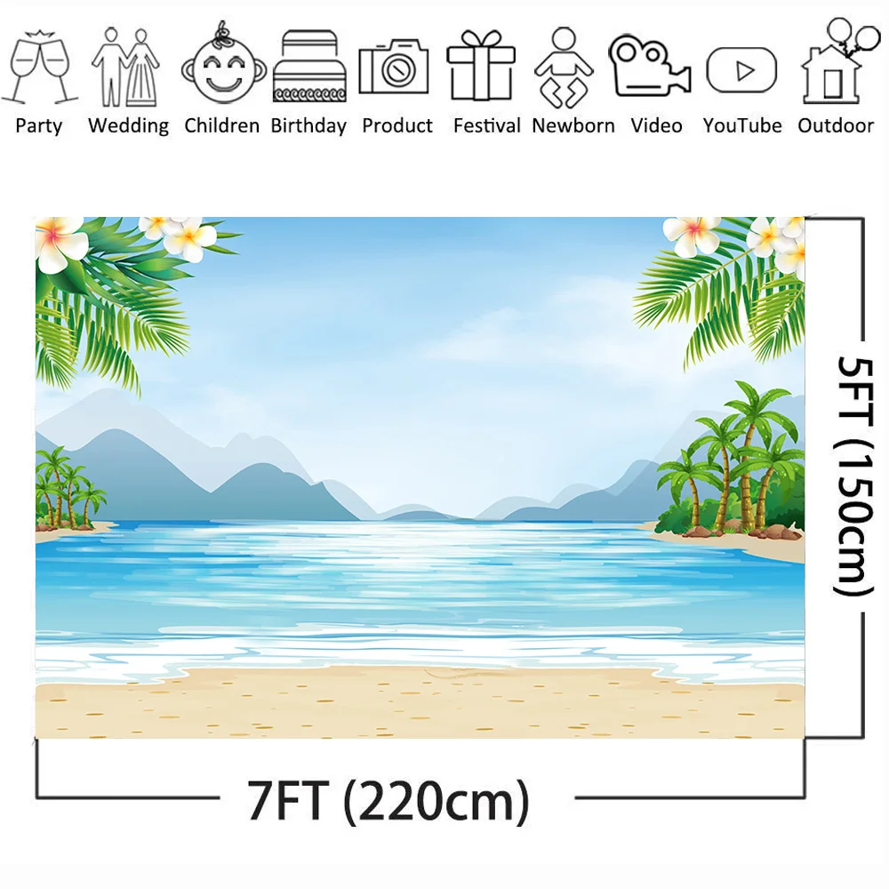 Beach backdrop for photography sandy beach Blue sky and sea background for photo studio summer holiday palm tree vinyl floor