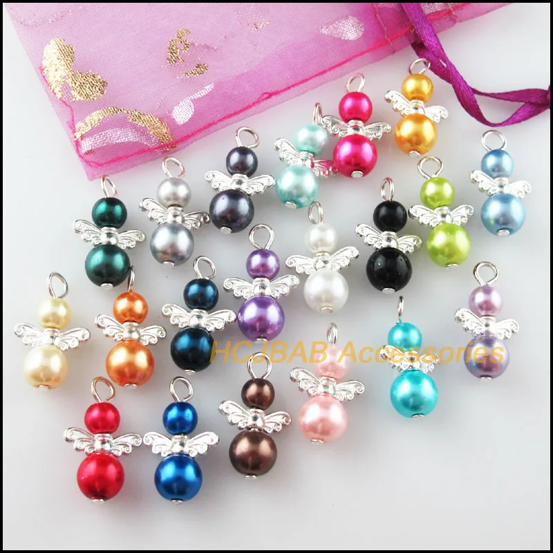 20Pcs Silver Plated Angel Mixed Ball Glass Pearl Beads Charms Pendants 14x21mm