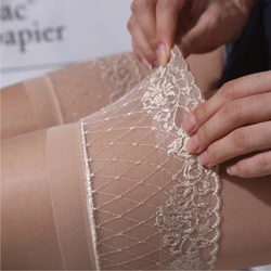 Retro Oil Flashing Stockings Women Sexy Transparent Lingerie 15D Lace Top Silicone Stay Up Thigh High Stockings Glossy Medias