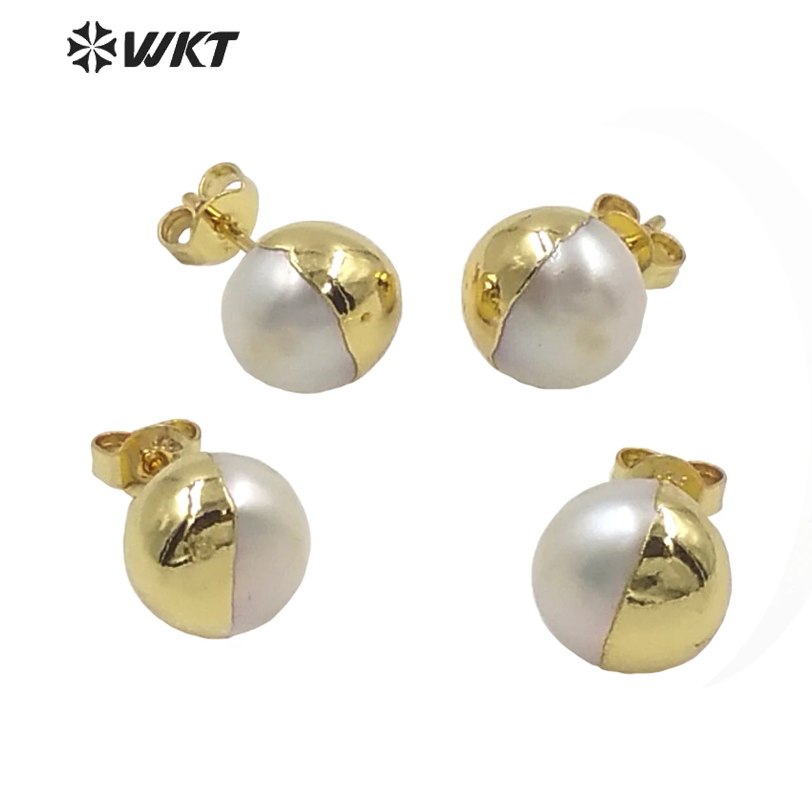 MPE059 Newest secret 10mm Round Freshwater Pearl gold studs women white half gold natural pearl studs earrings